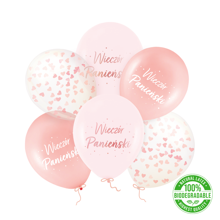 Balony biodegradowalne Wieczór Panieński rose gold z konfetti 12 cali 6 szt. zestaw