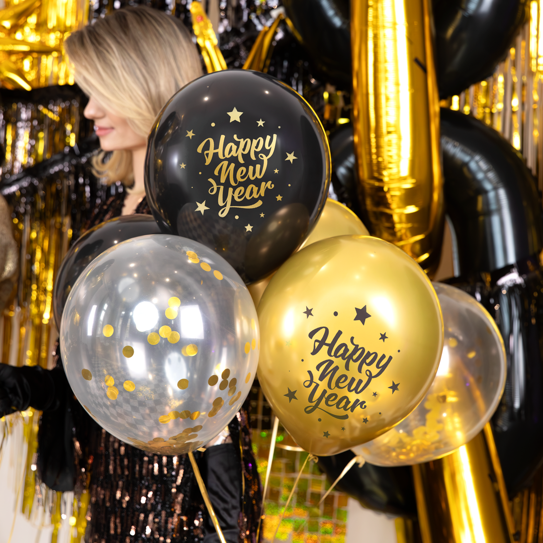 Balony biodegradowalne Happy New Year czarno-złote 8szt. zestaw