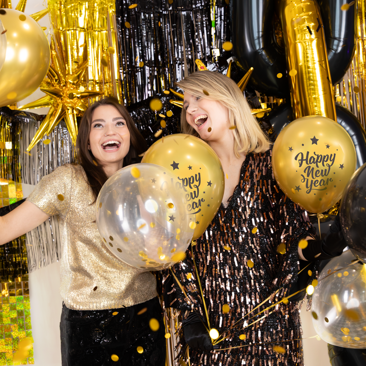 Balony biodegradowalne Happy New Year czarno-złote 8szt. zestaw