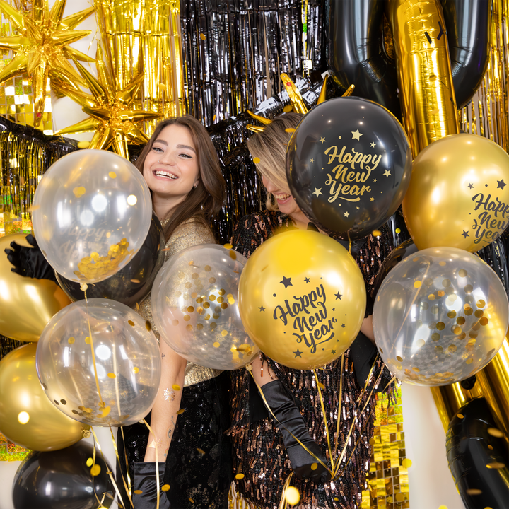 Balony Happy New Year czarno-złote 6szt. zestaw