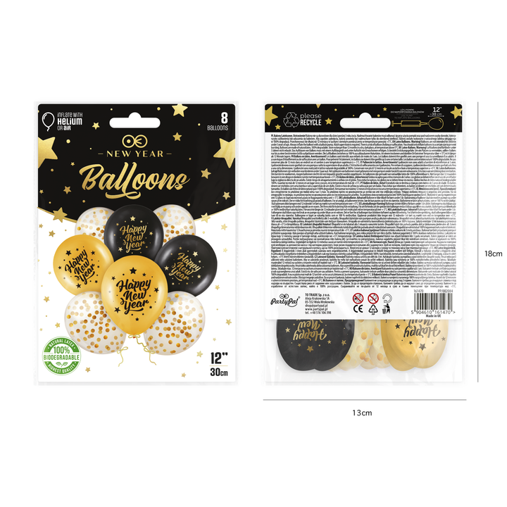 Balony biodegradowalne Happy New Year czarno-złote 8szt. zestaw