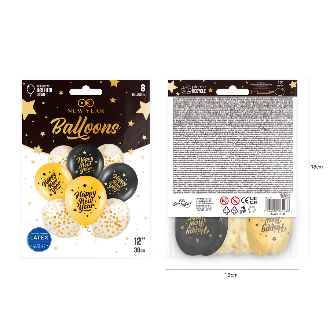 Lot de 8 ballons biodégradables « Happy New Year » noir et or