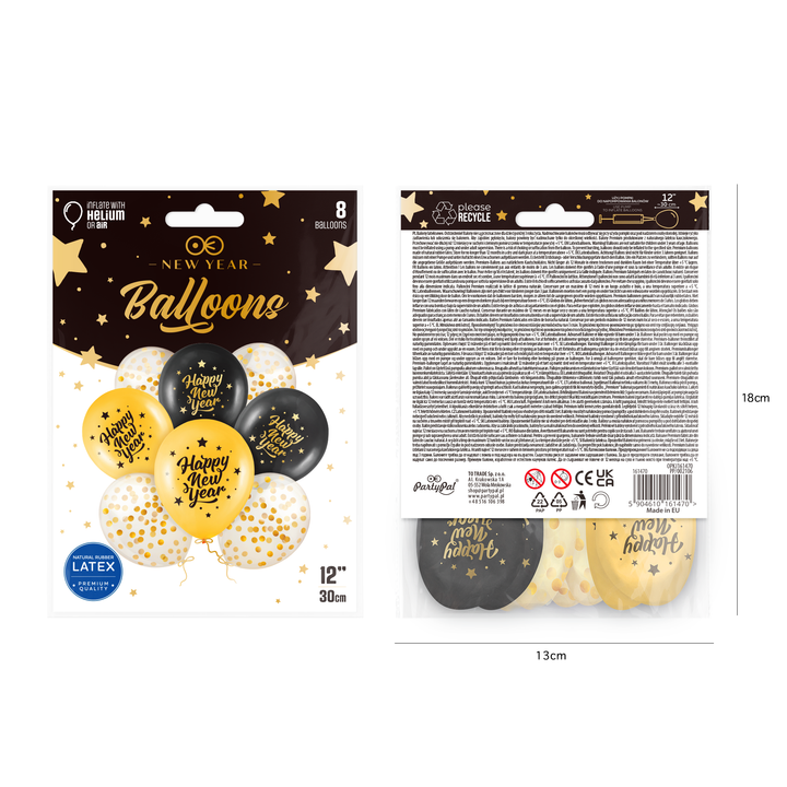 Lot de 8 ballons biodégradables « Happy New Year » noir et or