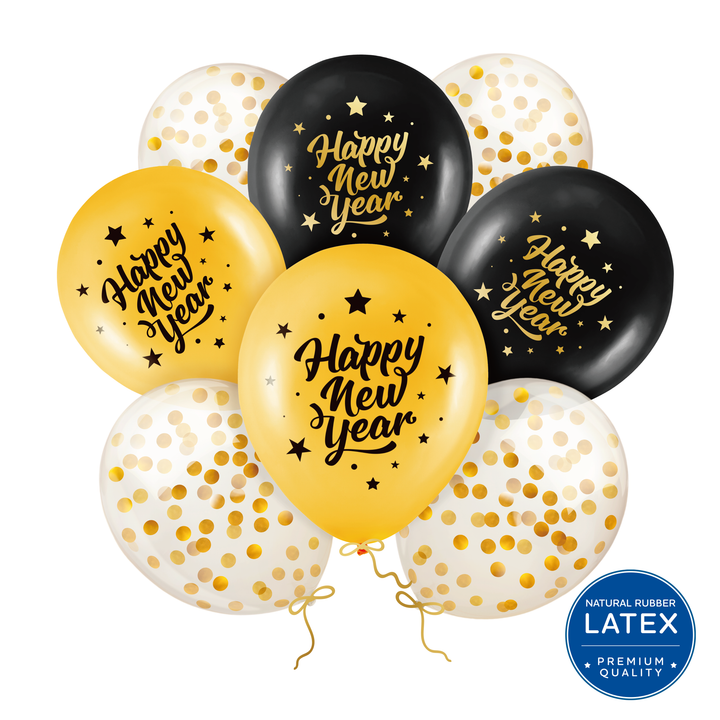 Lot de 8 ballons biodégradables « Happy New Year » noir et or