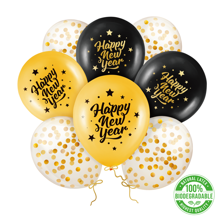 Balony biodegradowalne Happy New Year czarno-złote 8szt. zestaw