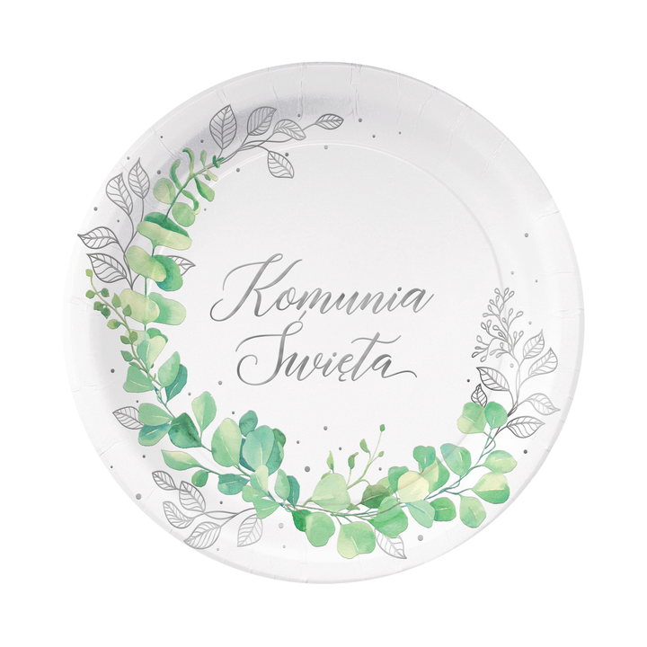 Paper plates Holy Communion Eucalyptus silver 7 inches 6 pcs.