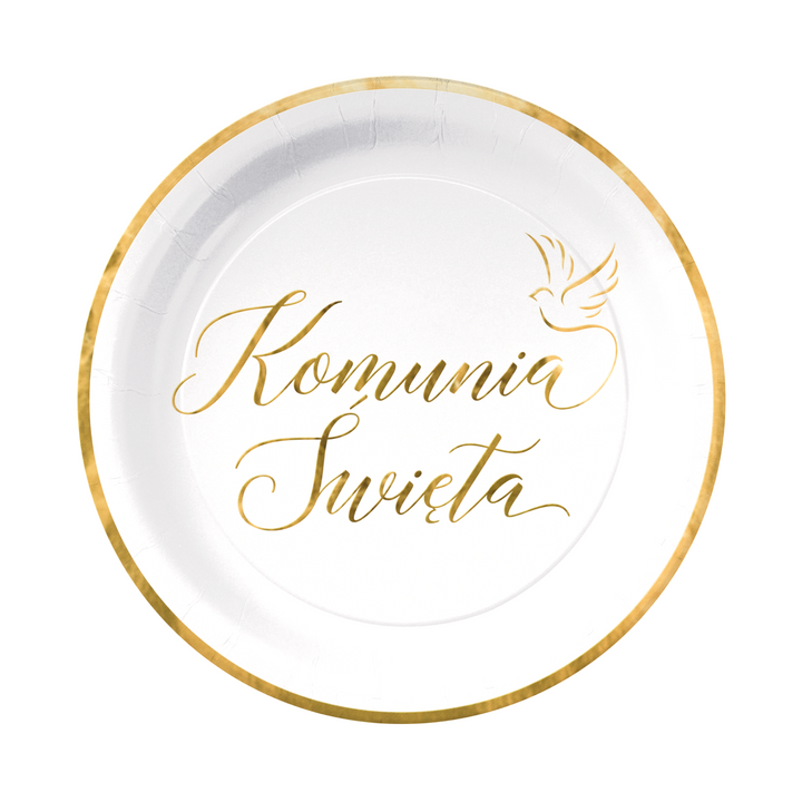 Talerzyki papierowe Komunia Święta biało-złote 7 cali 6 szt.