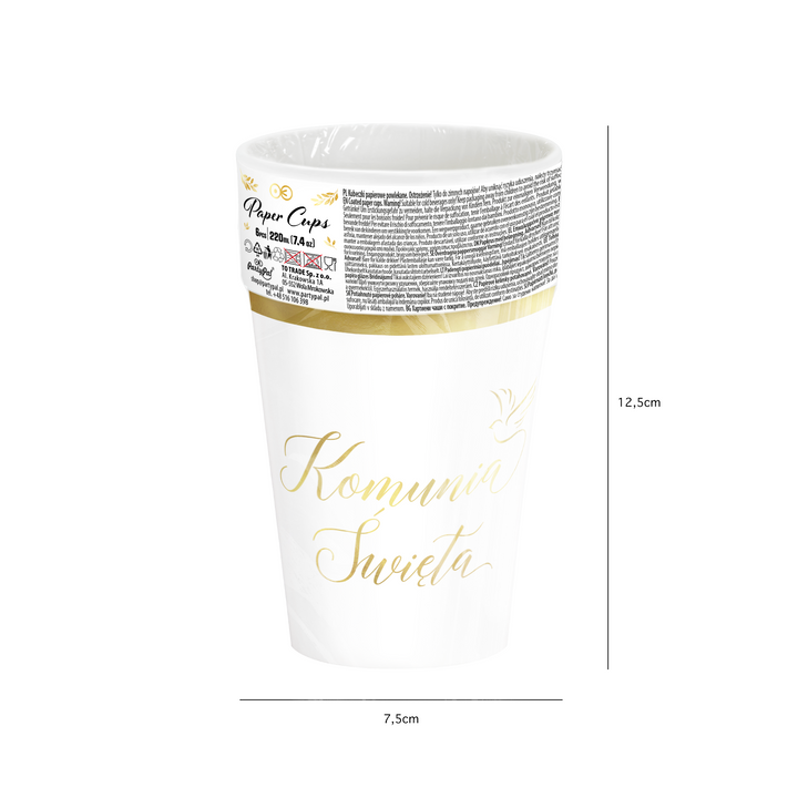 Kubek papierowy Komunia Święta biało-złoty 220 ml 6 szt.
