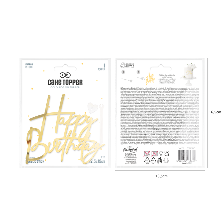 Topper na bok tortu Happy Birthday złoty lustrzany DIY 1 szt.