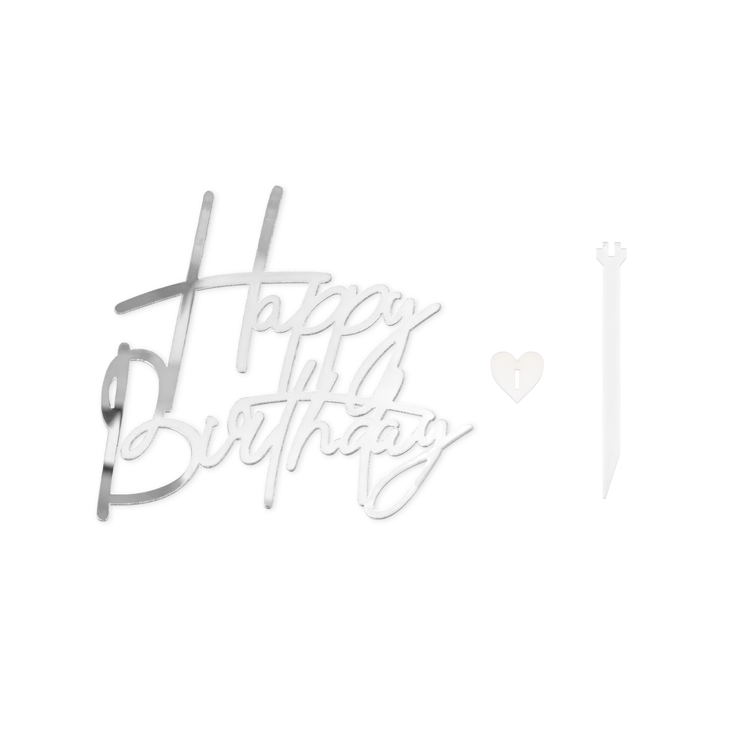 Topper na bok tortu Happy Birthday srebrny lustrzany DIY 1 szt.