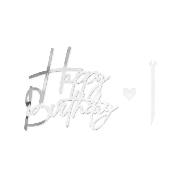 Topper na bok tortu Happy Birthday srebrny lustrzany DIY 1 szt.