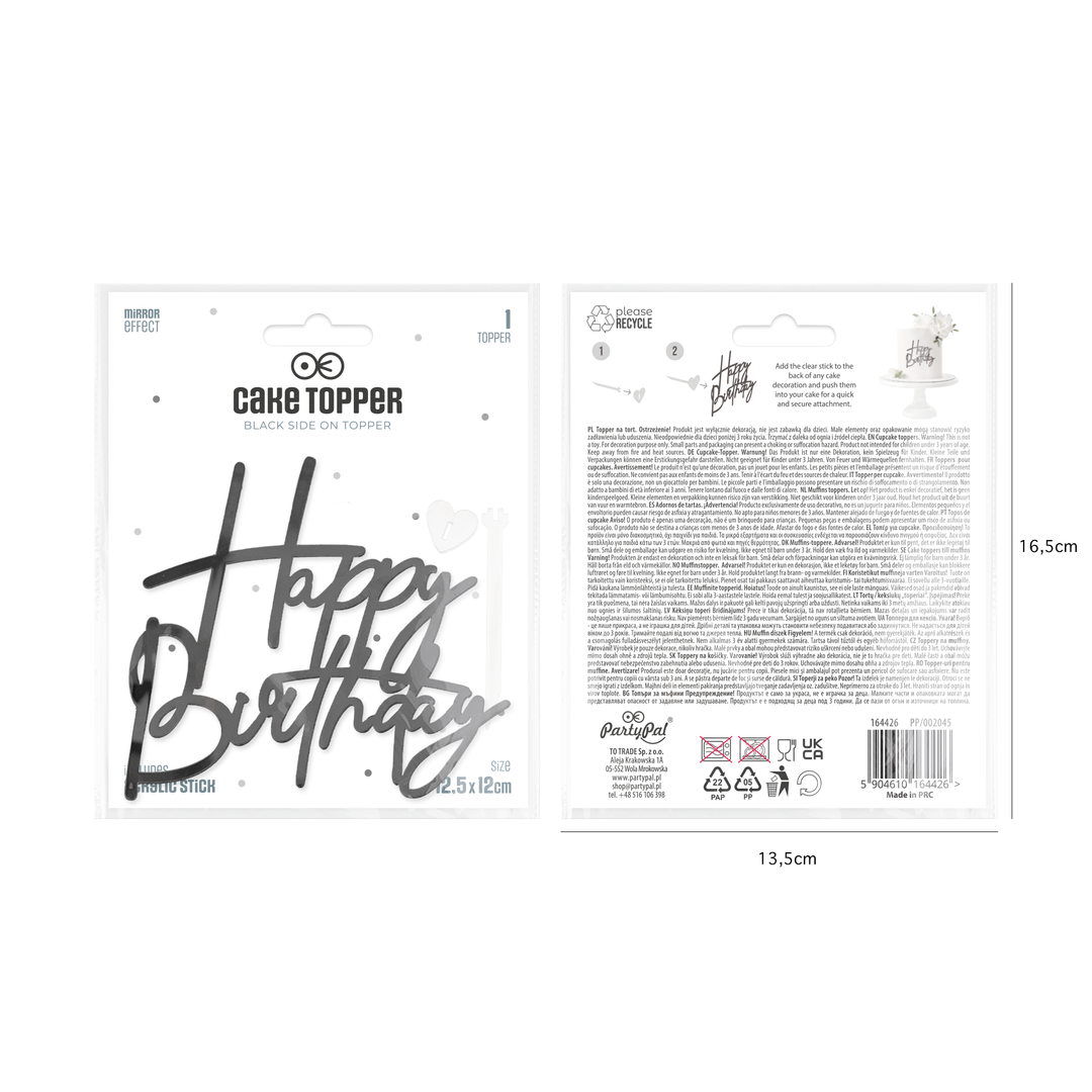 Topper na bok tortu Happy Birthday czarny DIY 1 szt.