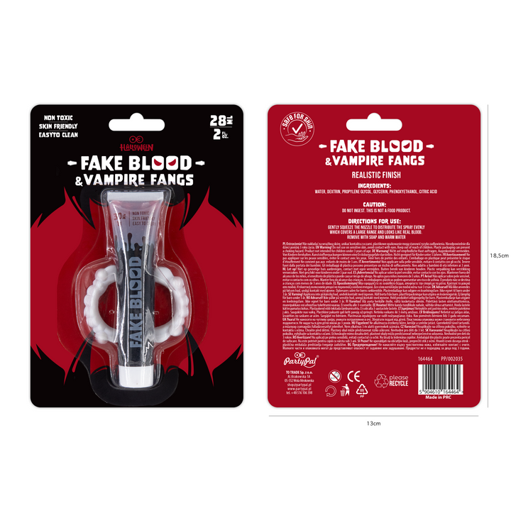 Sztuczna krew 30 ml + zęby wampira Halloween / zestaw