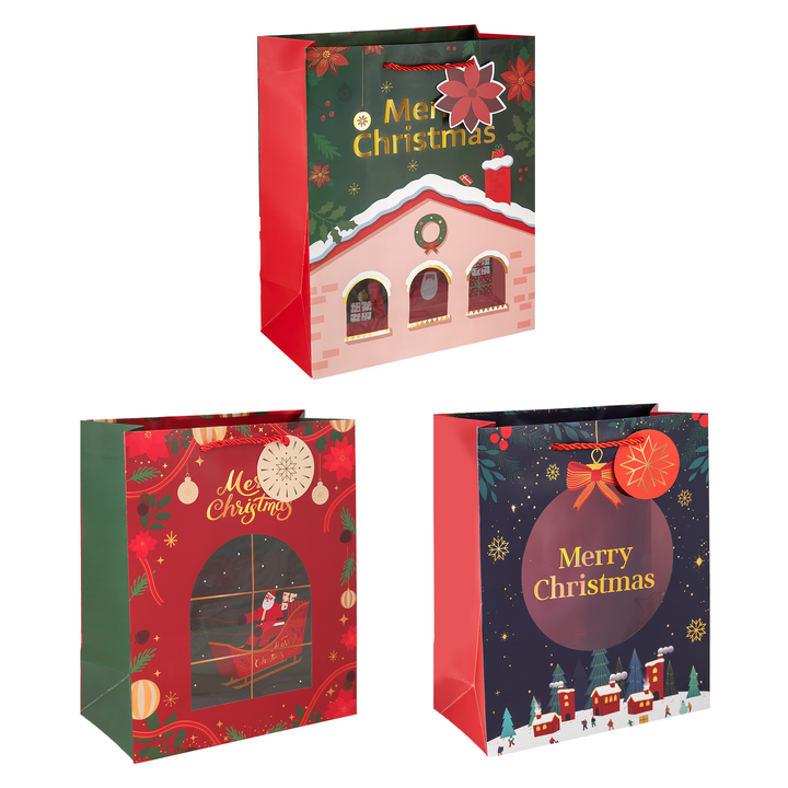 Torebki na prezenty Merry Christmas z okienkiem małe 12szt.