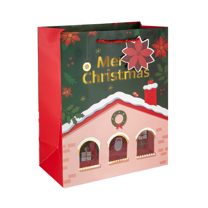 Torebki na prezenty Merry Christmas z okienkiem średnie 12szt.