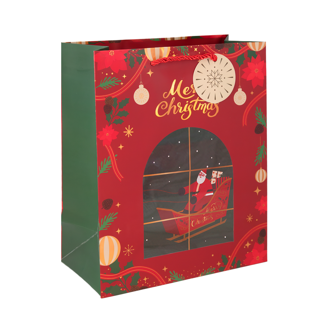 Torebki na prezenty Merry Christmas z okienkiem średnie 12szt.