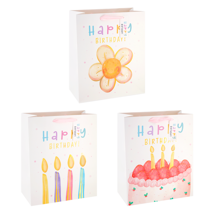 Torebki na prezenty Happy Birthday białe średnie