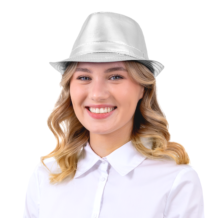 Kapelusz z imitacji skóry srebrny