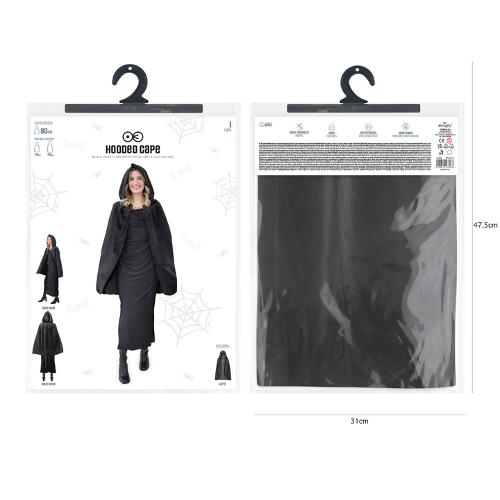 Peleryna z kapturem z aksamitu czarna 80 cm
