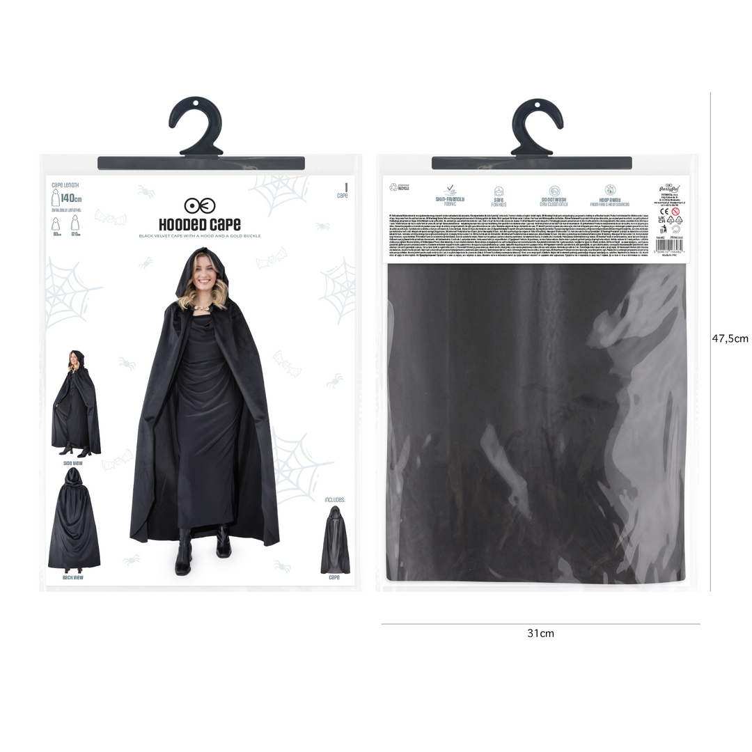 Peleryna z kapturem z aksamitu czarna 140 cm