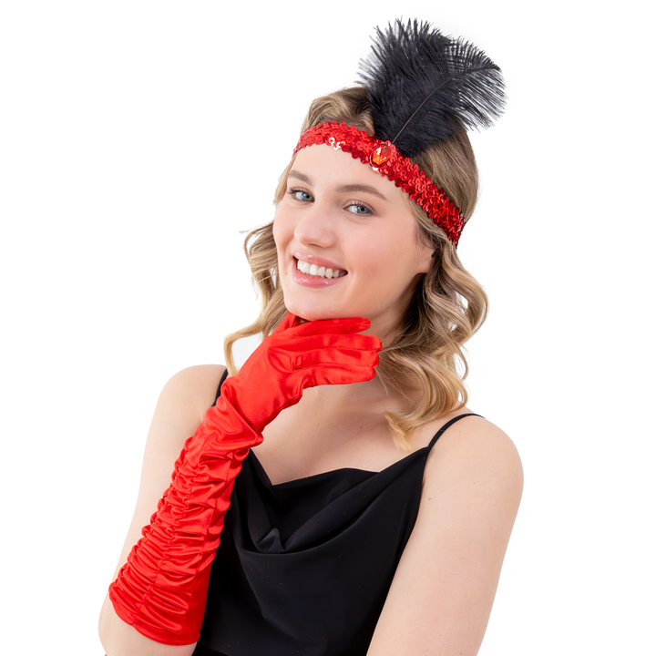 Opaska z cekinami i piórami Lata 20-te czerwona