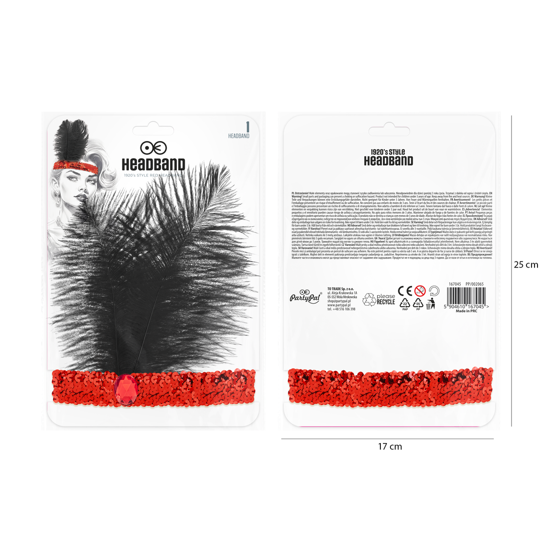 Opaska z cekinami i piórami Lata 20-te czerwona