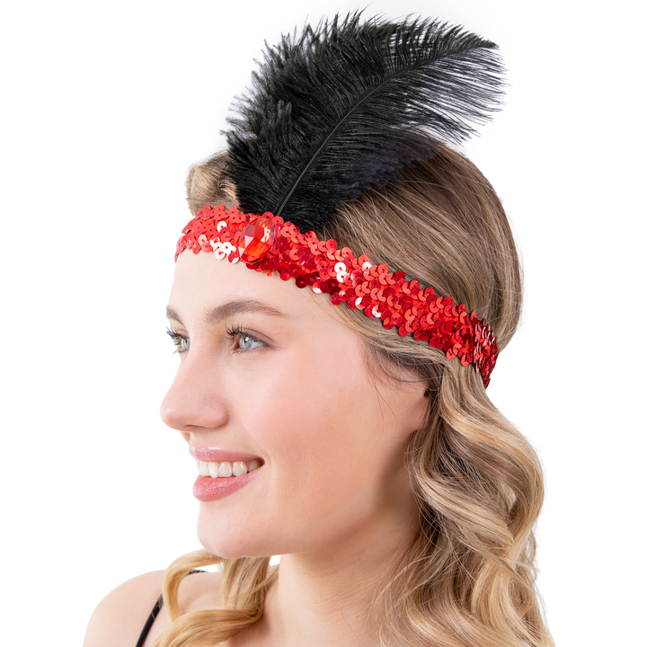Opaska z cekinami i piórami Lata 20-te czerwona