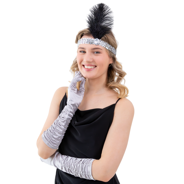 Opaska z cekinami i piórami Lata 20-te srebrna