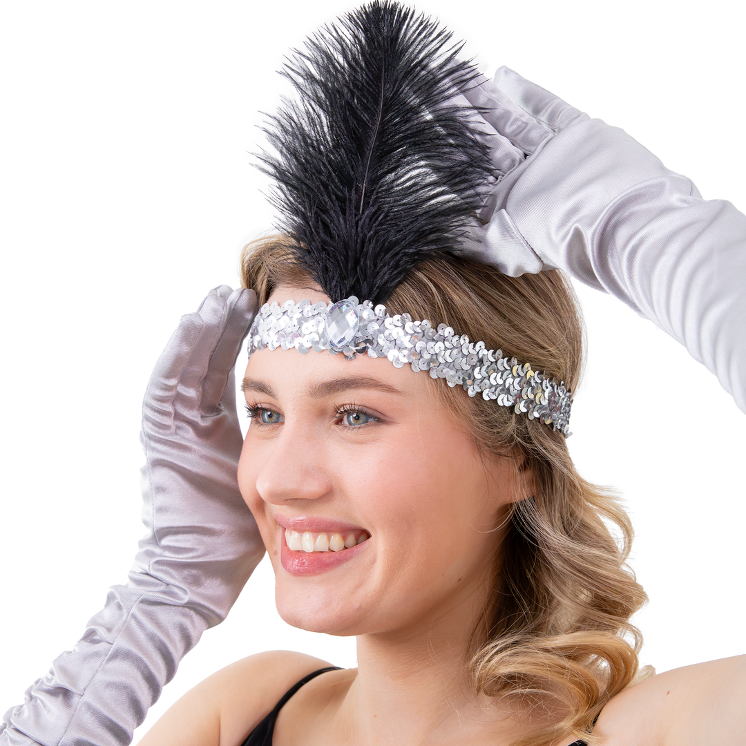 Opaska z cekinami i piórami Lata 20-te srebrna