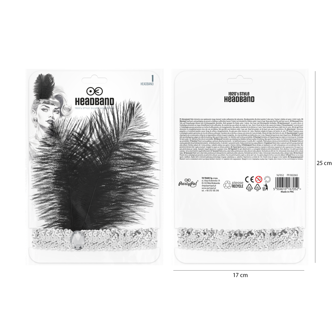Opaska z cekinami i piórami Lata 20-te srebrna