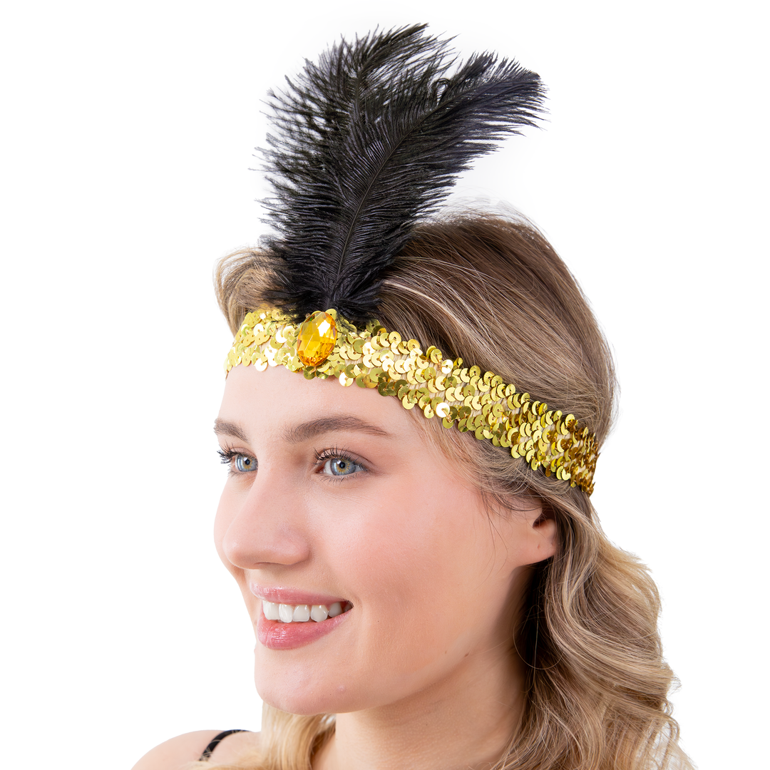 Opaska z cekinami i piórami Lata 20-te złota