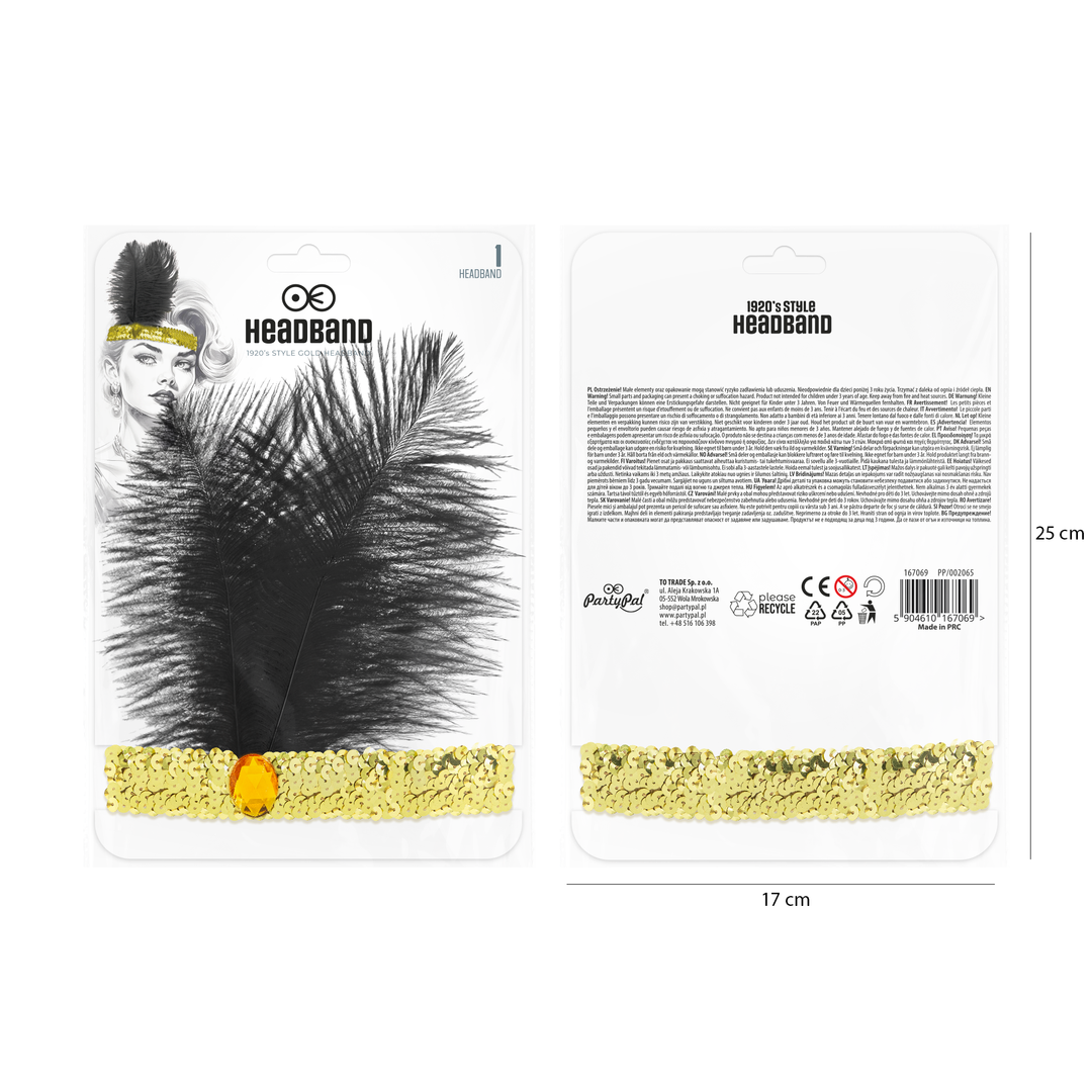 Opaska z cekinami i piórami Lata 20-te złota