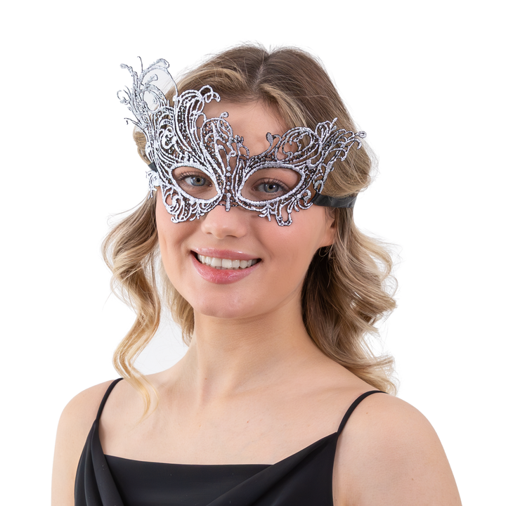 Maska wenecka koronkowa srebrna 23x14cm