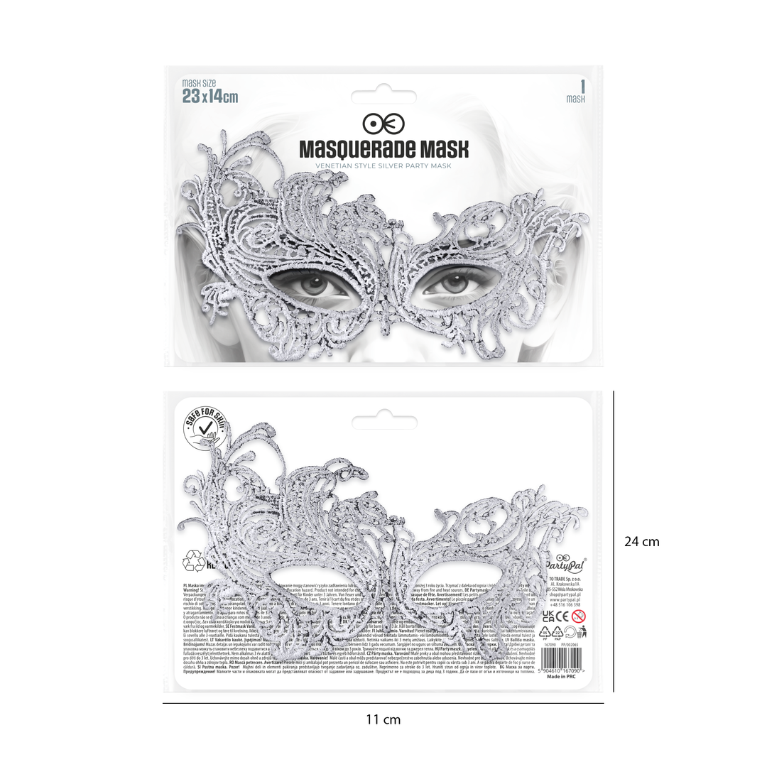 Maska wenecka koronkowa srebrna 23x14cm