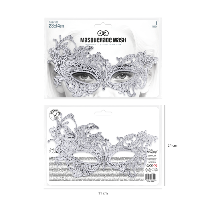 Maska wenecka koronkowa srebrna 23x14cm