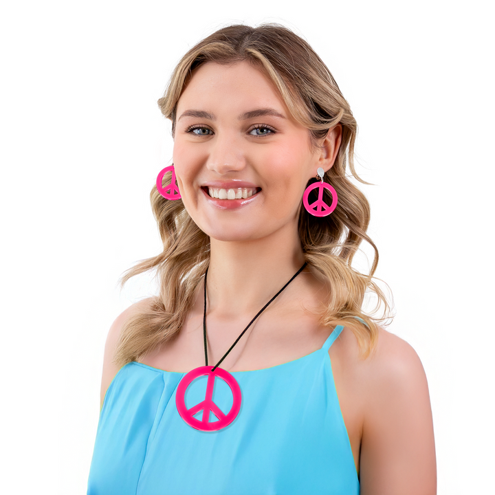 Klipsy i naszyjnik z pacyfką neonowe różowe zestaw