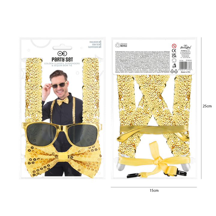 Okulary / Mucha / Szelki cekinowe złote - zestaw