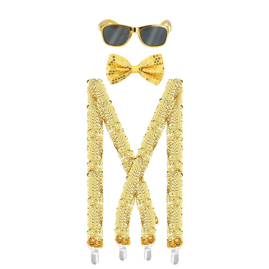 Okulary / Mucha / Szelki cekinowe złote - zestaw