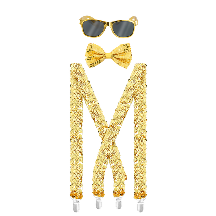 Okulary / Mucha / Szelki cekinowe złote - zestaw