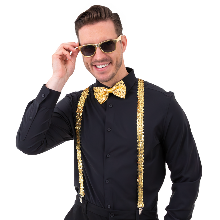 Okulary / Mucha / Szelki cekinowe złote - zestaw