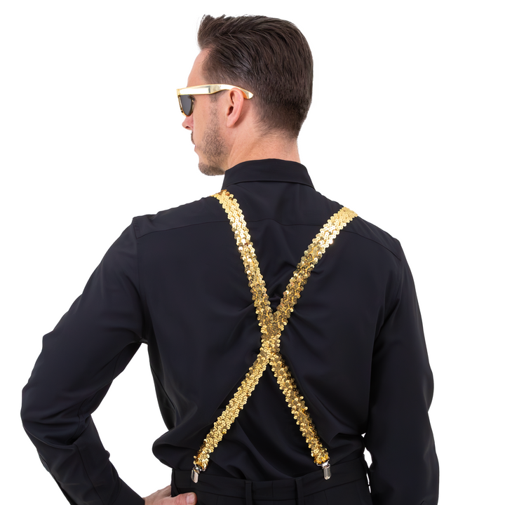 Okulary / Mucha / Szelki cekinowe złote - zestaw