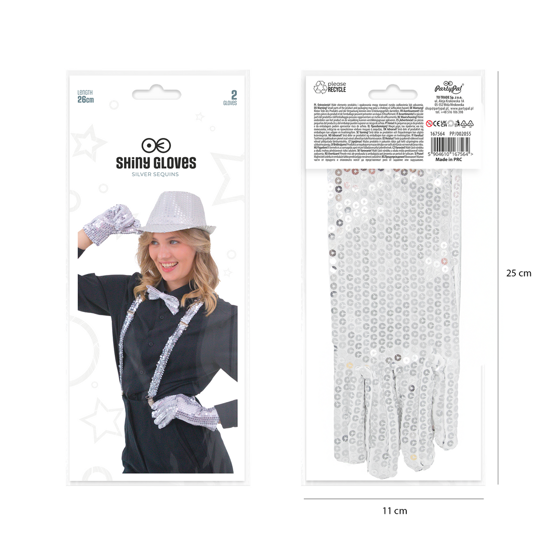 Rękawiczki cekinowe srebrne 26 cm
