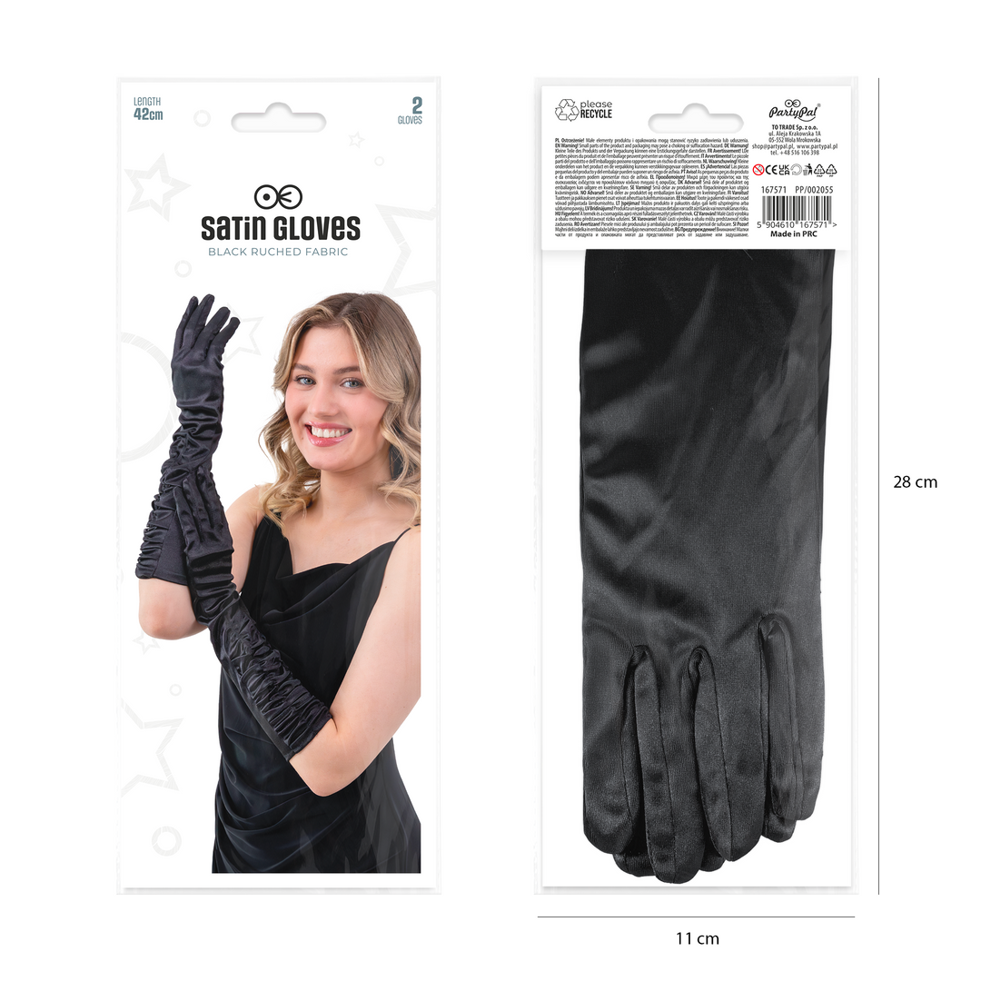 Rękawiczki satynowe z marszczeniem czarne 42 cm