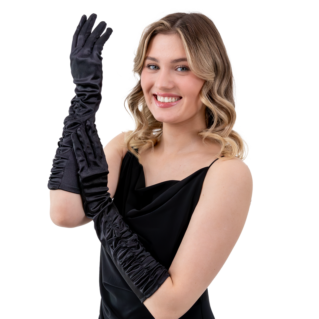 Rękawiczki satynowe z marszczeniem czarne 42 cm