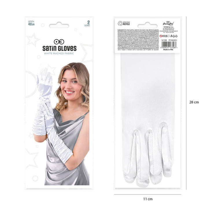 Rękawiczki satynowe z marszczeniem białe 42 cm
