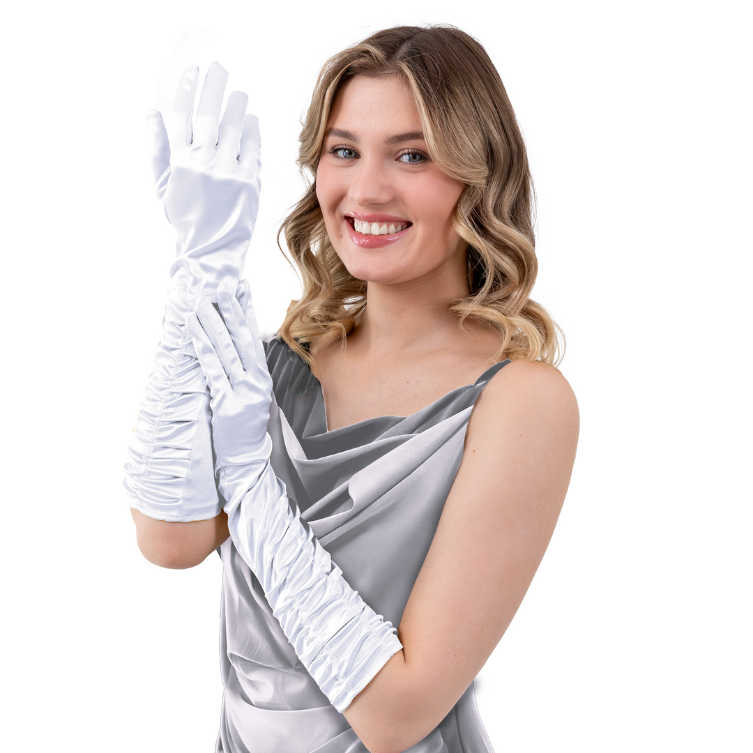 Weiße Satinhandschuhe mit Rüschen, 42 cm – Party Pal