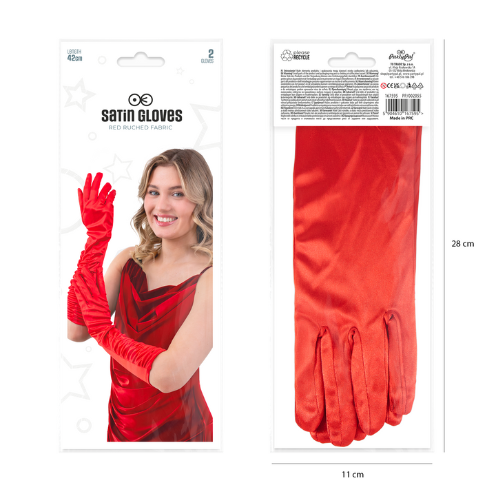 Rękawiczki satynowe z marszczeniem czerwone 42 cm
