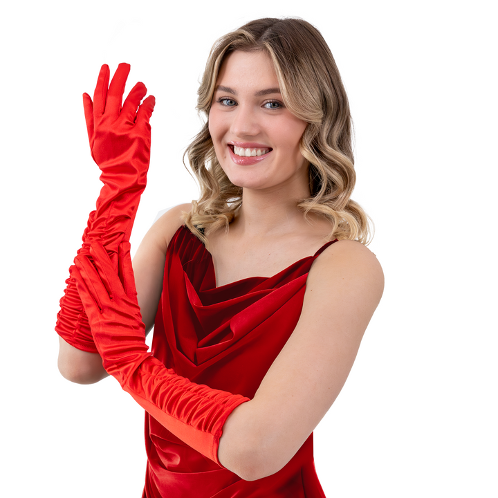 Rękawiczki satynowe z marszczeniem czerwone 42 cm