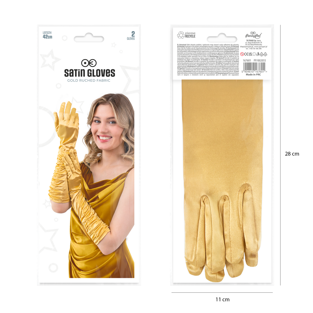 Rękawiczki satynowe z marszczeniem złote 42 cm