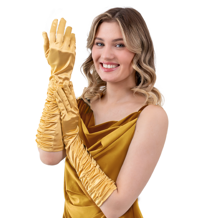 Rękawiczki satynowe z marszczeniem złote 42 cm